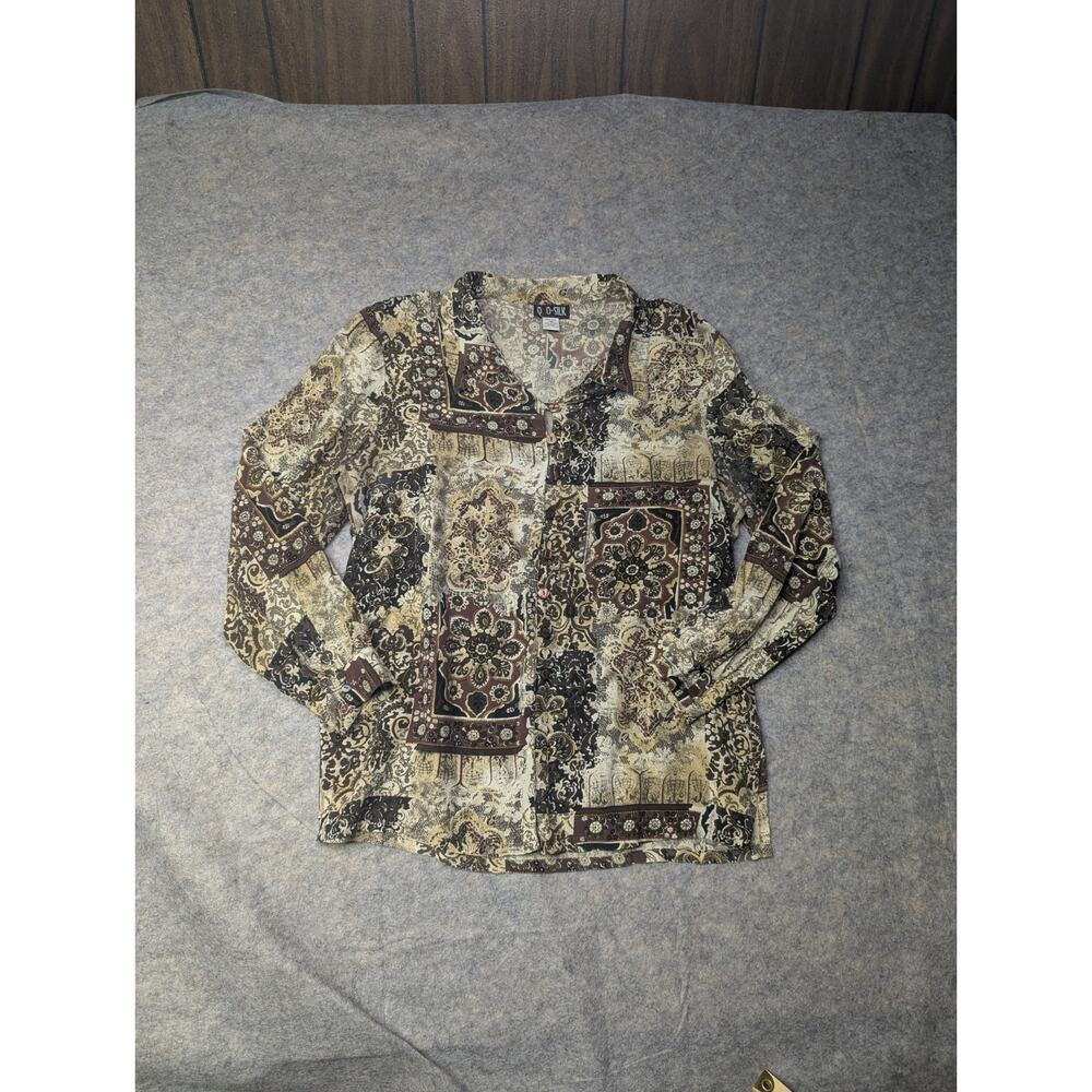 Vintage Quo Silk Large Button Down Brown Tan Pattern Western